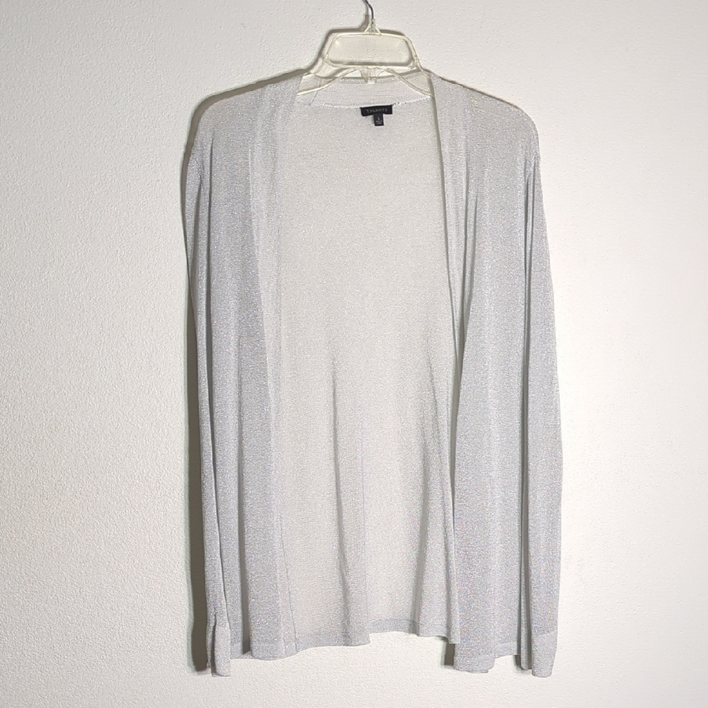 Talbots Womens Open Cardigan Sweater Silver Metallic Christmas Holiday Large